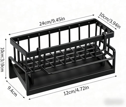 Stainless Steel Sink Caddy – Sponge Holder with Self-Drain Tray, Suction Cups & Adhesive Hook, 3-in-1 Kitchen Organizer for Sponge, Brush, Scrubber,Black