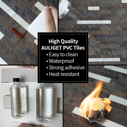 AULIGET 20 Sheets Peel and Stick Backsplash, Black & Grey Wood Look PVC Mixed Metal Stick on Backsplash Tiles for Kitchen