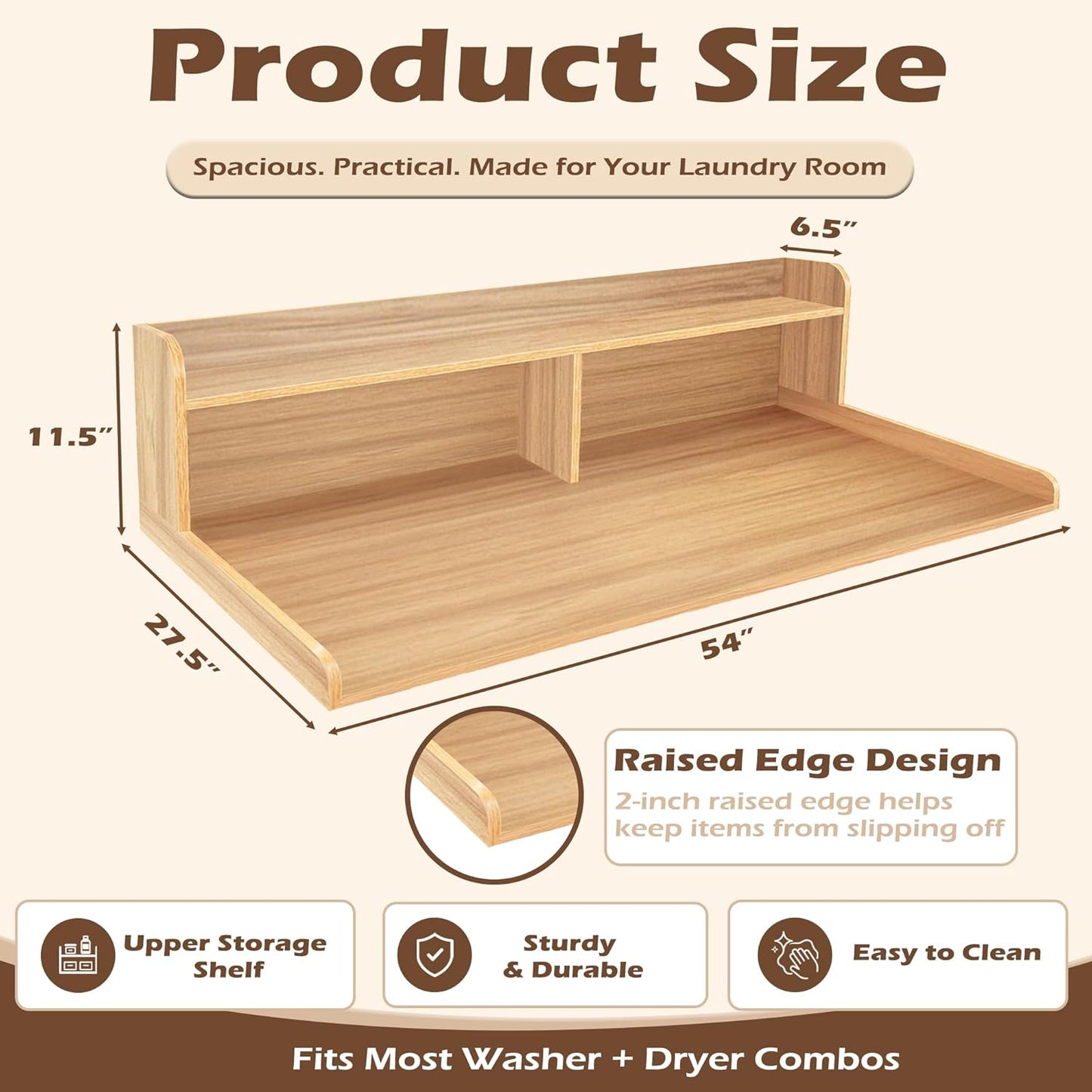 Royxen Laundry Countertop with 2-Tier Shelf Universal Fit, Washer and Dryer Countertop with Storage Space, Shelf Height 11.5 Inches, Solid Wood Core, Oak