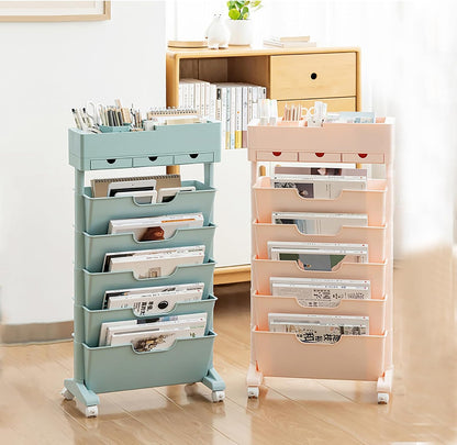 Rolling Bookshelf Cart with Wheels, 6 Tier Movable Bookshelf for Storage, Portable Bookshelf on Wheels for Kitchen Bathroom Office, Slim Book Cart, Off White