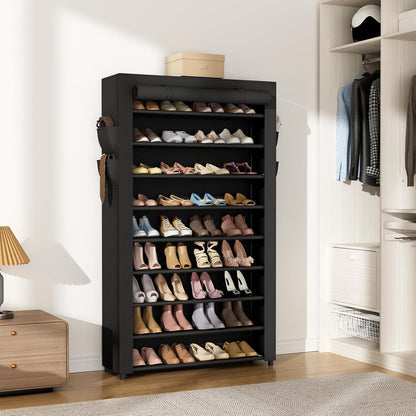 VILICK Shoe Rack with Cover Narrow Shoe Organizer with 4 Side Pockets 10 Tier Tall Shoe Storage Holds 18-22 Pairs Shoes and Boots Shoe Rack for Closet Entryway Garage