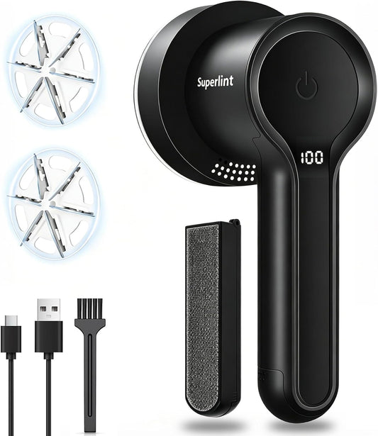SuperLint 2-in-1 Rechargeable Fabric Shaver LED 3-Speed Lint Remover Black | Electrostatic Brush,2000mAh Battery,USB C Rechargeable,2-3H Long Runtime,auto-stop safety,6-Leaf Blade,2 replacement blades
