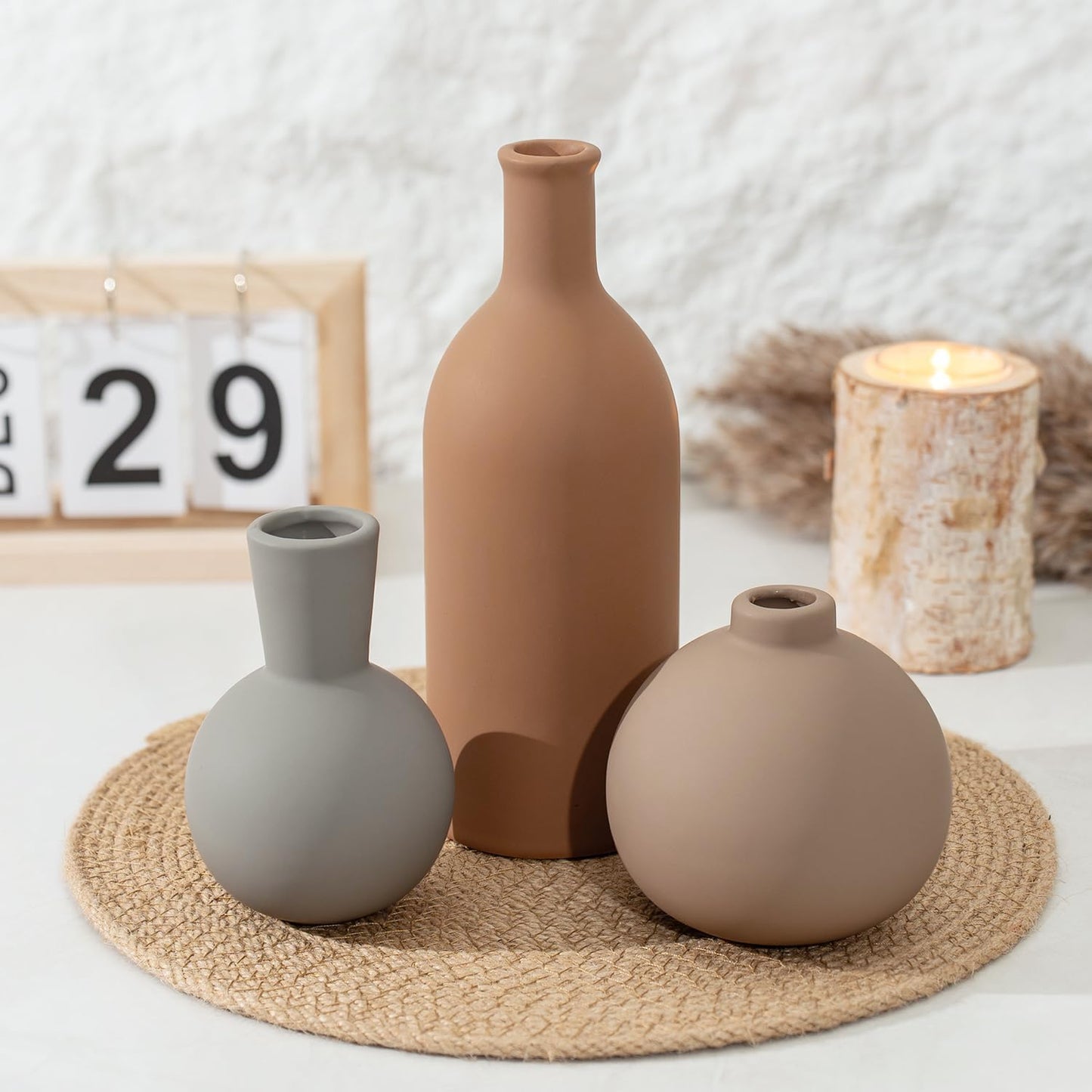 Ceramic Vase Set of 3, Modern Minimalist Neutral Home Decor, Boho Rustic Farmhouse Decorative Vases for Pampas Grass Dried Flowers | Table Centerpiece Entryway Mantel Bookshelf(Black Mix Set - Gray#1)