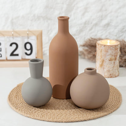 Ceramic Vase Set of 3, Modern Minimalist Neutral Home Decor, Boho Rustic Farmhouse Decorative Vases for Pampas Grass Dried Flowers | Table Centerpiece Entryway Mantel Bookshelf(Black Mix Set - Gray#1)