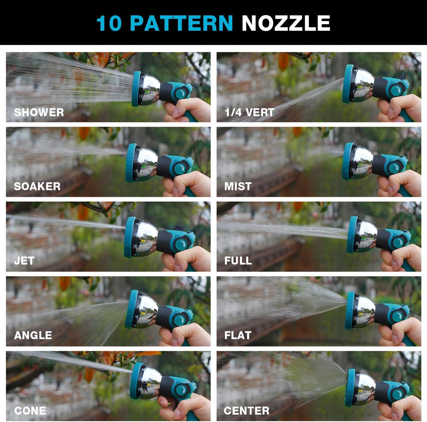 Besiter Garden Hose Nozzle Sprayer: 2 Pack 10 Watering Patterns Spray Nozzles Heavy Duty Metal Hose Head Hose Attachment, Thumb Control On Off Valve