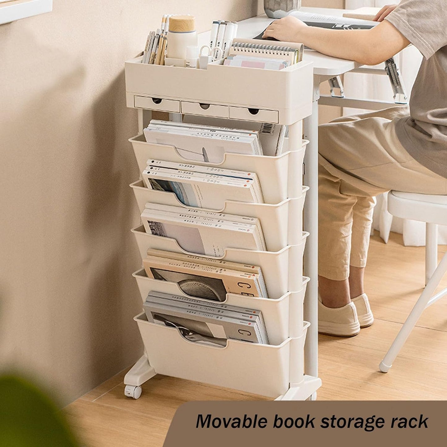 Rolling Bookshelf Cart with Wheels, 6 Tier Movable Bookshelf for Storage, Portable Bookshelf on Wheels for Kitchen Bathroom Office, Slim Book Cart, Off White