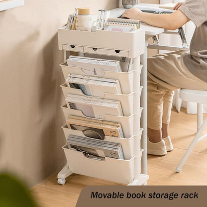 Rolling Bookshelf Cart with Wheels, 6 Tier Movable Bookshelf for Storage, Portable Bookshelf on Wheels for Kitchen Bathroom Office, Slim Book Cart, Off White