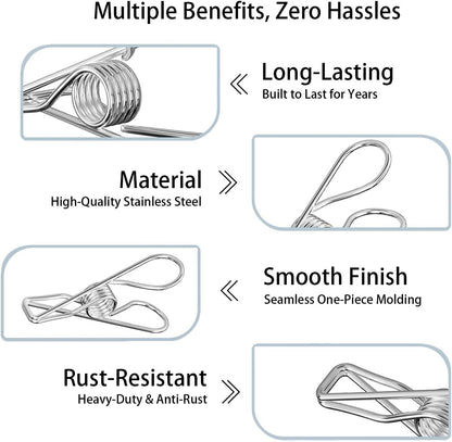 Stainless Steel Laundry Clothes Hangers Heavy Duty Outdoor, Clothespins for Hanging Clothes, Metal Clips, Metal Snack Bag Chip Clips for Food Packages 20PCS