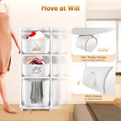 Rolling Laundry Basket Hamper, Laundry Sorter Cart 3 Section on Wheels, Stackable Tiered Organizer Baskets Shelf Rack Storage w/Compartment for Bedrooms, Classrooms, Laundry Rooms