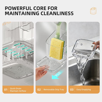 Minimalist Sponge Holder for Kitchen Sink, 3 Slots Sink Caddy with Removable Divider and Drip Tray, Clear PET Countertop Organizer to Free up Kitchen Sink Space