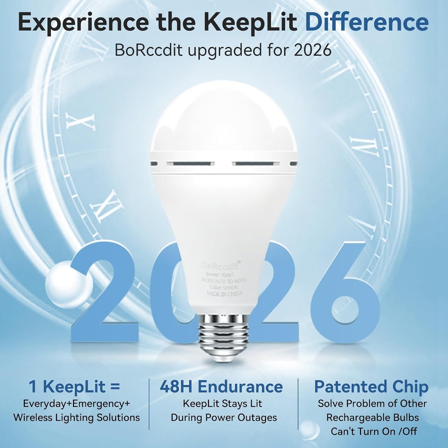 BoRccdit A21 6PK Emergency-Rechargeable-Light-Bulb, Keep Lighting During Power Outage, 12W 6500K LED 65W Equivalent Light Bulbs, 1200 mAh Battery Backup Light Bulbs for Home Power Failure