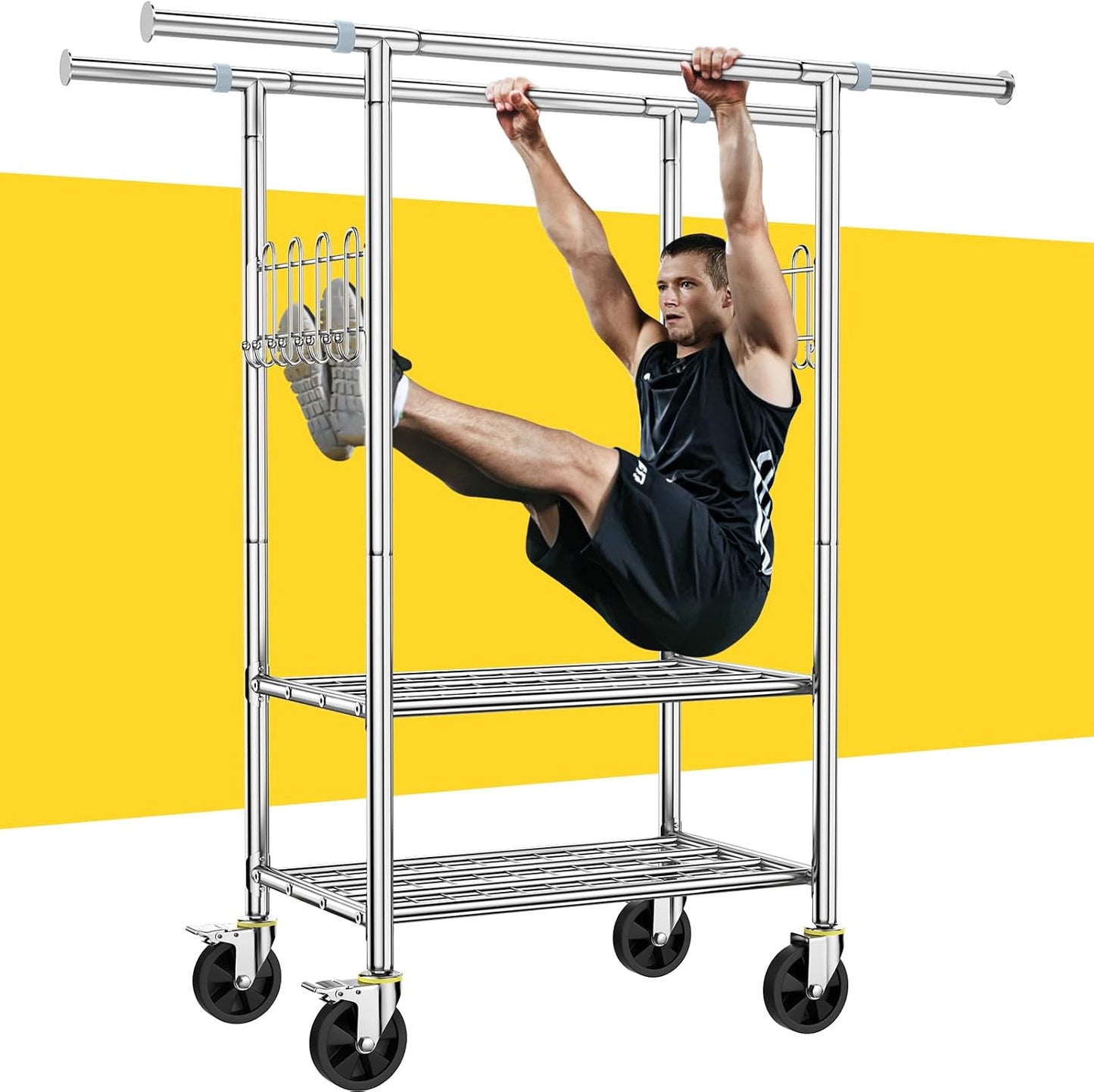 Upgraded 100% Stainless Steel Clothing Rack Load 760LBS, Heavy Duty Clothes Racks with Larger & Sturdy Wheel, Extendable & Adjustable Rolling Garment with Shelves for Hanging Portable Closet Rack