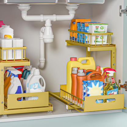 Saydear L-Shaped Under Sink Organizer, 2-Tier Pull-out Cabinet Rack 1-Pack | Black Height-Adjustable Metal Rack, Sliding Grid Drawers with Safety Stopper, Holds 100 Lbs, Ideal Kitchen Cabinet Storage