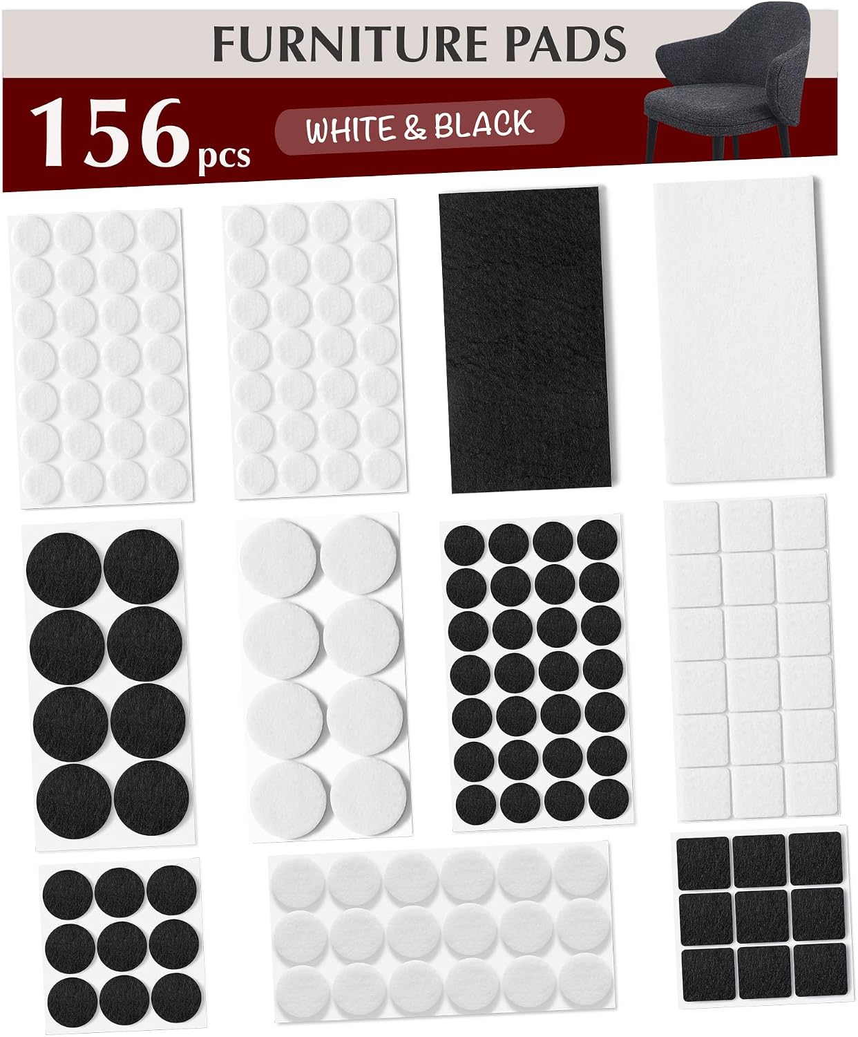 Felt Furniture Pads - Chair Leg Floor Protectors for Hardwood Floors - Felt Pads for Furniture - Furniture Sliders - Furniture Legs - 156 pcs - Black