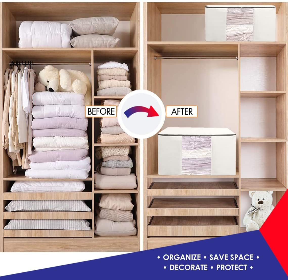 Cube Vacuum Storage Bags, Space Saver Bags, Premium Totes with Cubic Vacuum Compression Seal Bags for Clothing & Bedding. Space Saving Jumbo Organizer for Storing Clothes, Comforters,Blankets,Pillows+