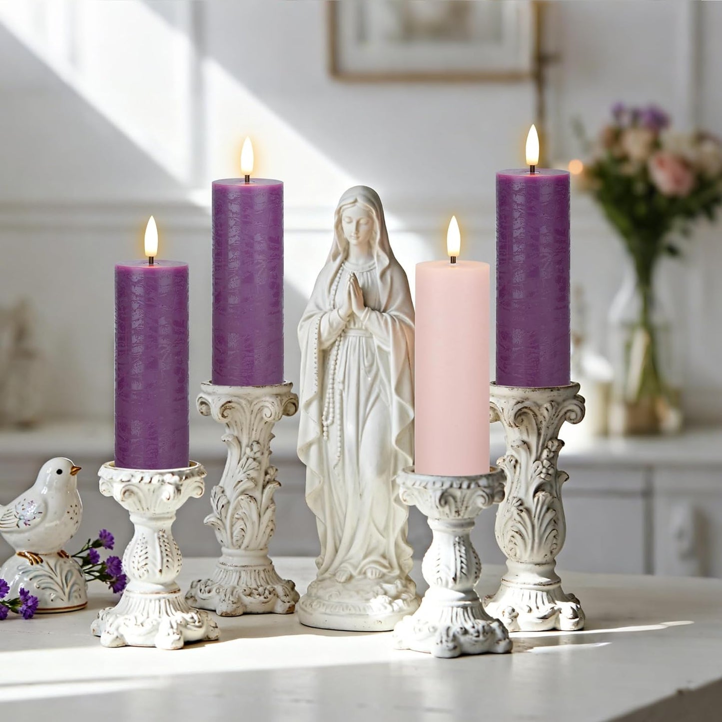 Flickering Flameless Candles, Real Wax Battery Operated Candles with Remote, Flat Top Led Flameless Pillar Candles for Home, Wedding, Party Decor, Set of 4, Φ 3" H 4" 5" 6" 8", Ivory