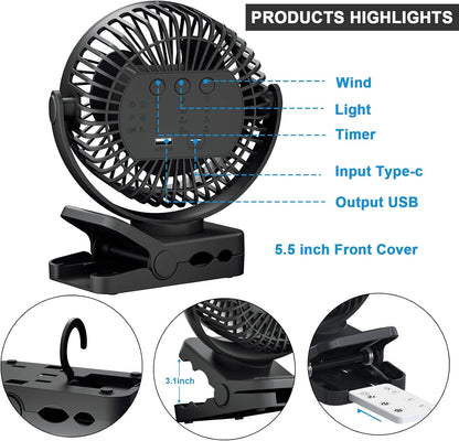 Portable Fan with Remote Control & Timer & LED Lights, 60hrs 12000mAh USB Rechargeable Battery，Clamp/Hanging/Stand Up, Small Clip on Fan for Baby Stroller, Bed, Desk, Camping Tent, Travel
