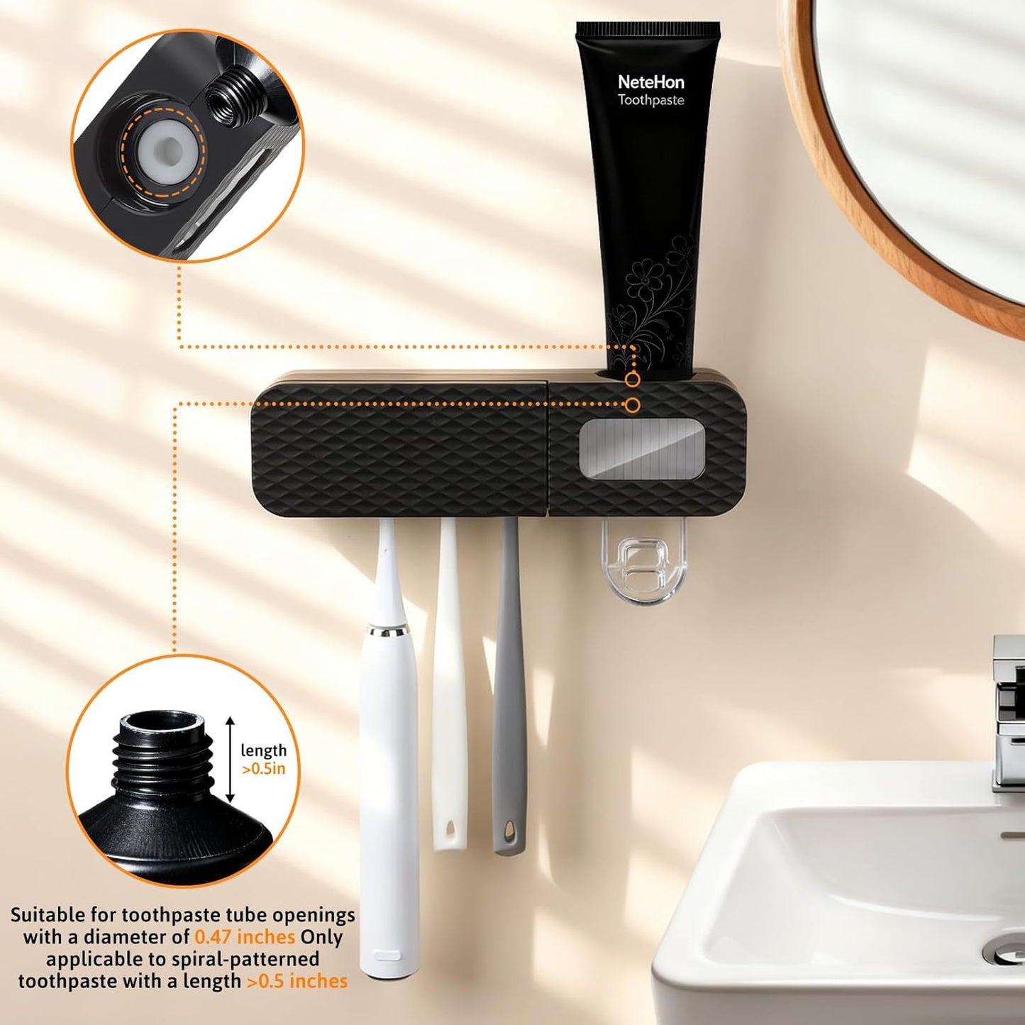 Smart Wall-Mounted Toothbrush Holder for Bathroom Black Toothbrush Storage Organizer with 3 Slots Toothbrush Holders with Toothpaste Dispenser for Drying Function