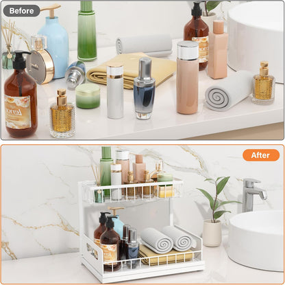 Sturdy Metal Under Sink Organizer 2 Tier, Pull Out Drawer Slides Under Sink Storage for Bathroom Kitchen, Multi-Purpose Iron Under Cabinet Organizer for Cleaning Supplies (Black, 2 Pack)