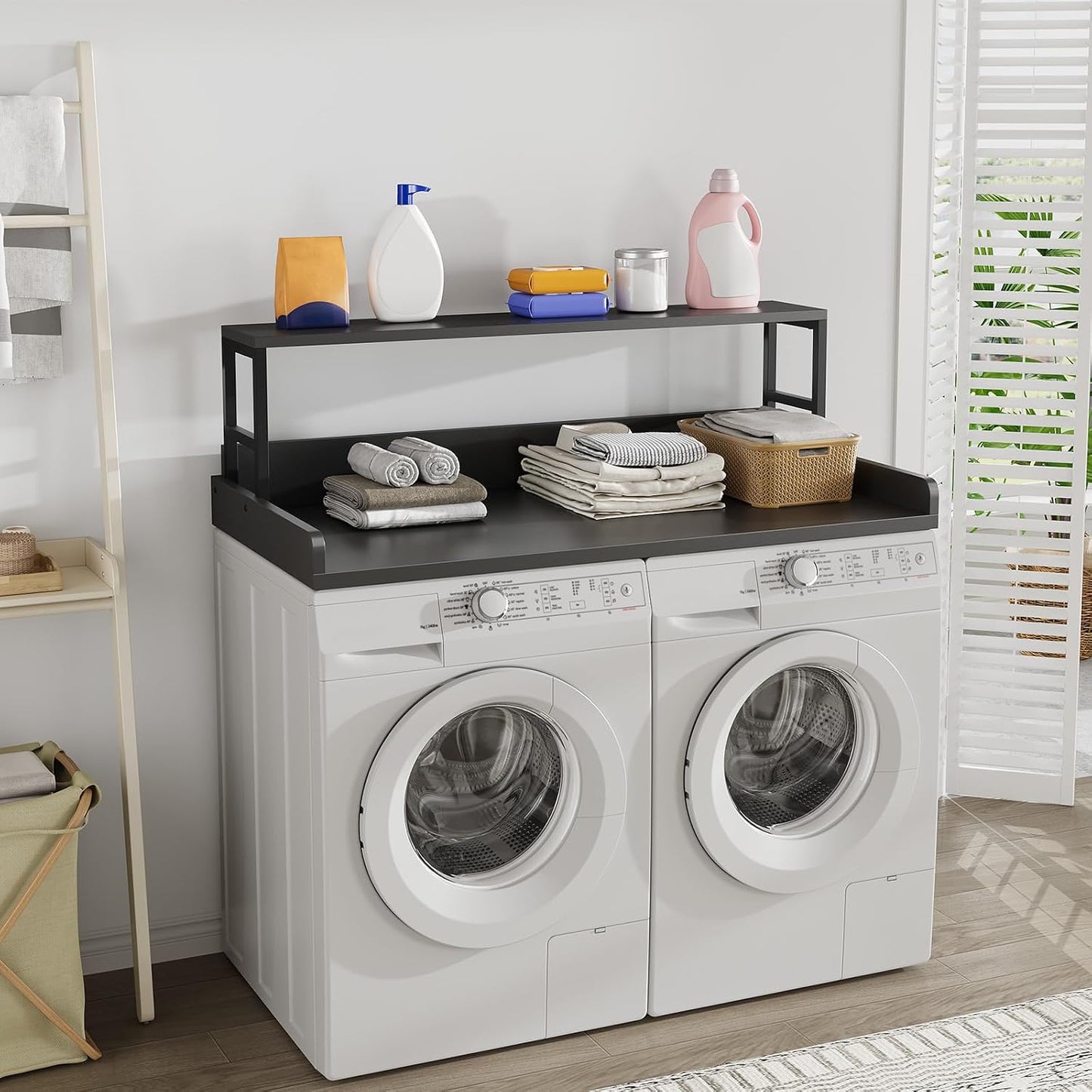 Washer Dryer Countertop with Shelf, 23.62″D x 23.62″W x 16.57″H, Countertop for Washer and Dryer Top with Non-Slip Pads and Edge Rails, Laundry Room Storage and Organization(Black)