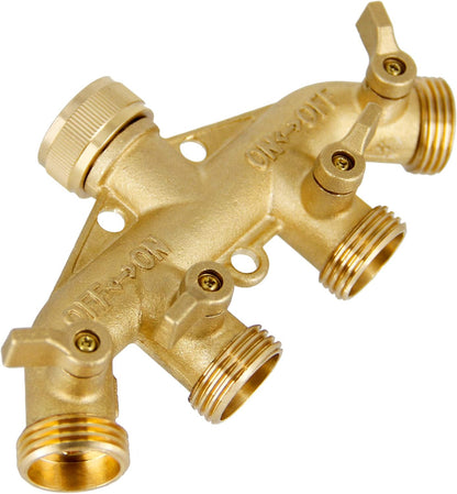 Lifynste 4 Way Brass Hose Splitter, 3/4" Brass Hose Faucet Manifold, Garden Hose Adapter Connector