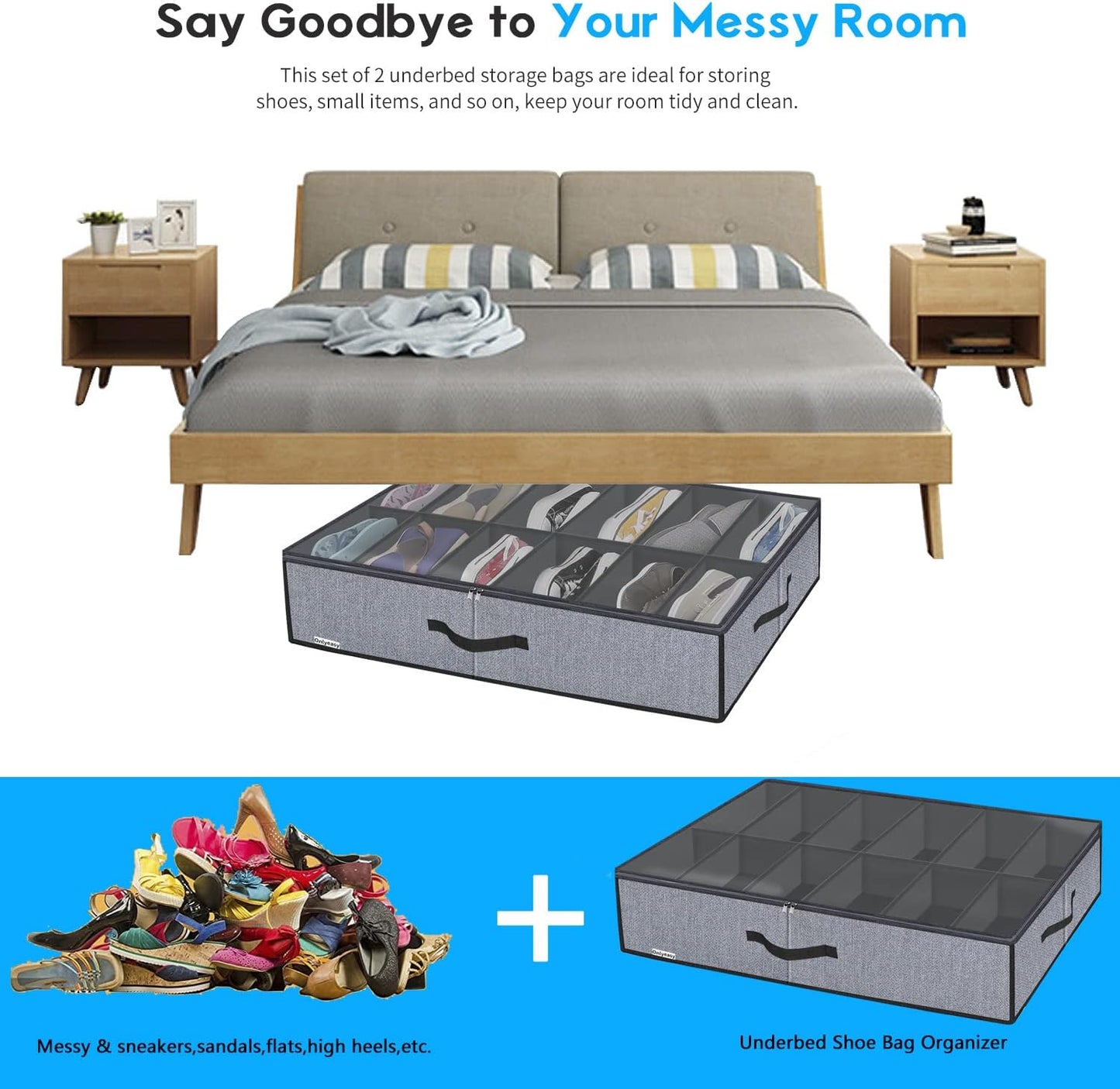 Onlyeasy Sturdy Under Bed Shoe Storage Organizer, Set of 2, Fit 12 to 24 Pairs, Underbed Shoes Closet Storage Solution with Clear Window, Breathable, L29.3 x W23.6 x H5.9, Linen-like Black, MXAUBSB2P
