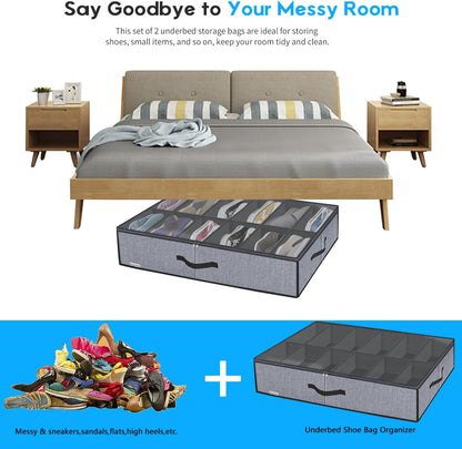 Onlyeasy Sturdy Under Bed Shoe Storage Organizer, Set of 2, Fit 12 to 24 Pairs, Underbed Shoes Closet Storage Solution with Clear Window, Breathable, L29.3 x W23.6 x H5.9, Linen-like Black, MXAUBSB2P