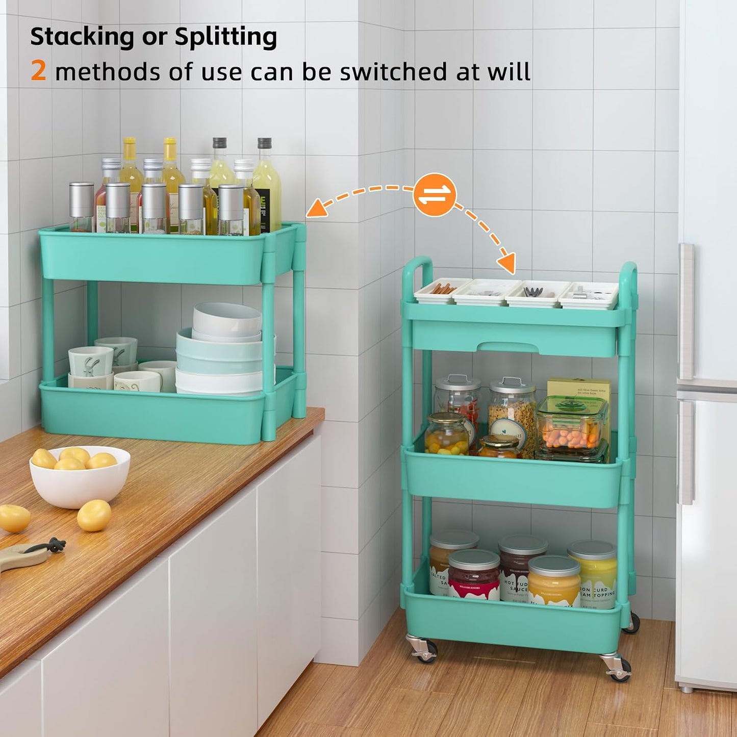 Calmootey 3-Tier Rolling Utility Cart with Drawer,Multifunctional Storage Organizer with Plastic Shelf & Metal Wheels,Storage Cart for Kitchen,Bathroom,Living Room,Office,White