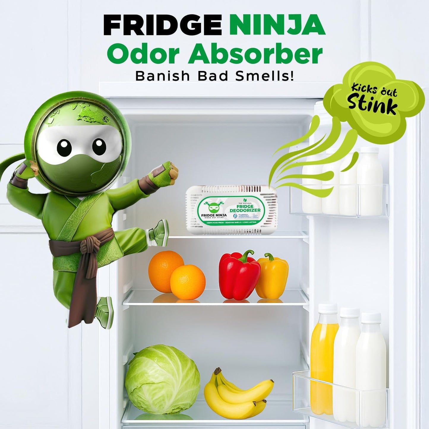 Fridge Ninja Fridge Deodorizer (2 Pack) - More Effective Than Baking Soda - Natural and Unscented Activated Charcoal Refrigerator Deodorizer and Odor Eliminator for Freezers, Coolers, and Lunch Boxes