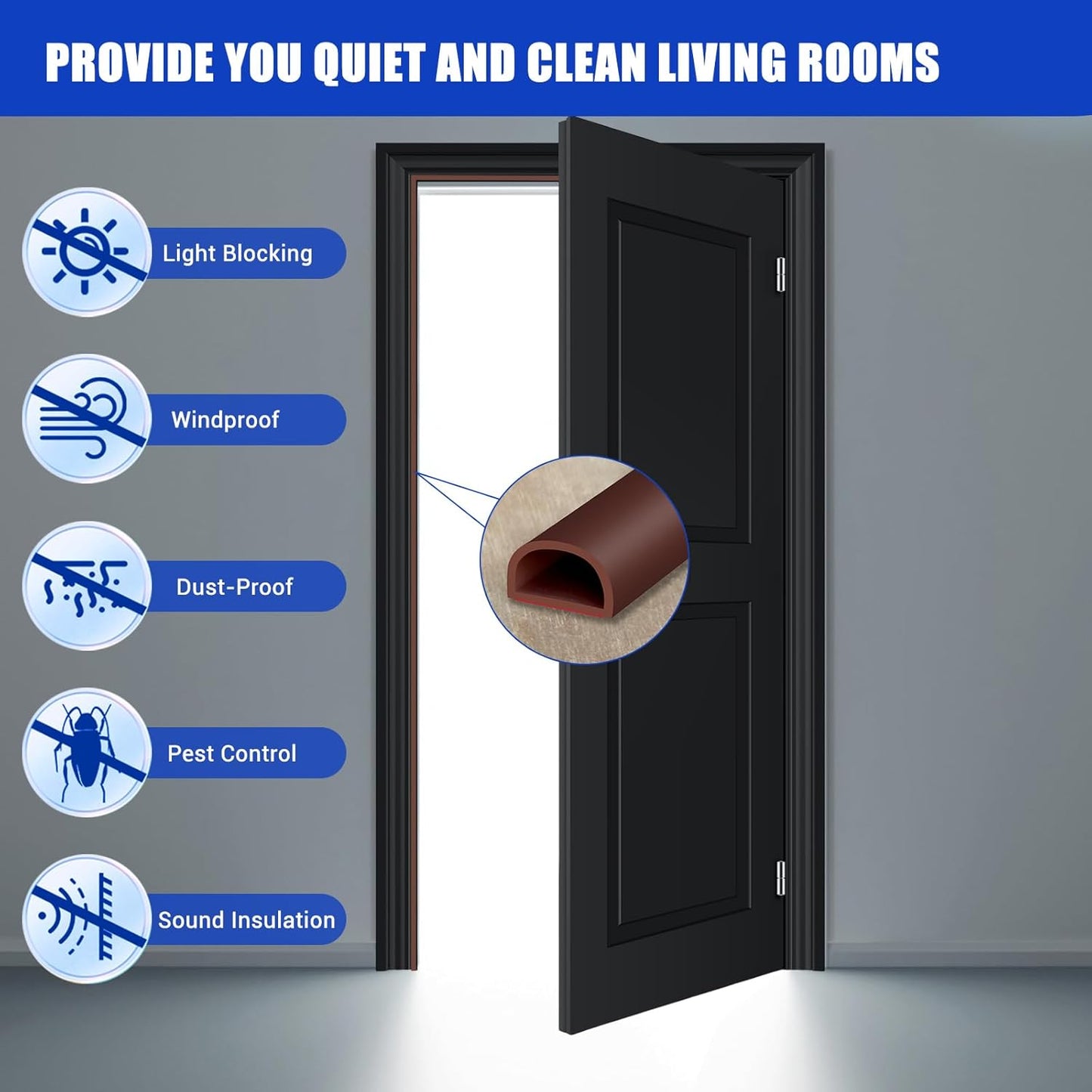 Weather Stripping Door Seal Self Adhesive Weather Strip Silicone D Shaped Door Seal Strip for Door Frame/Window Seal, 20Ft, Brown (3/8" W × 1/4" T)