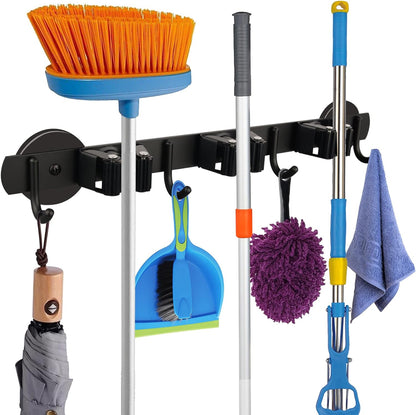 MUTUACTOR Heavy Duty Magnetic Broom Holder,Anti-slip Magnetic Tool Rack with Top Utility Shelf, Easy Assembly Broom Mop Organizer for Refrigerator Metal Cabinet Laundry Room Kitchen,3-Clamps 4-Hooks