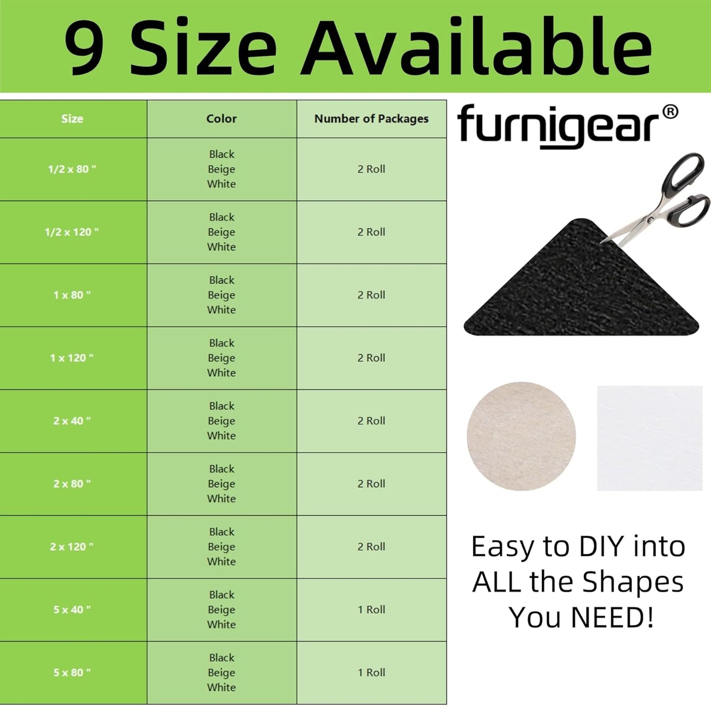 Furnigear Felt Strips with Adhesive Backing Heavy Duty Cuttable Felt Tape Roll Furniture Pads for Chair Legs - Protecting Hardwood Floors, Chair Wall Protector (Black, 80 x 0.5 x 0.14 Inch)