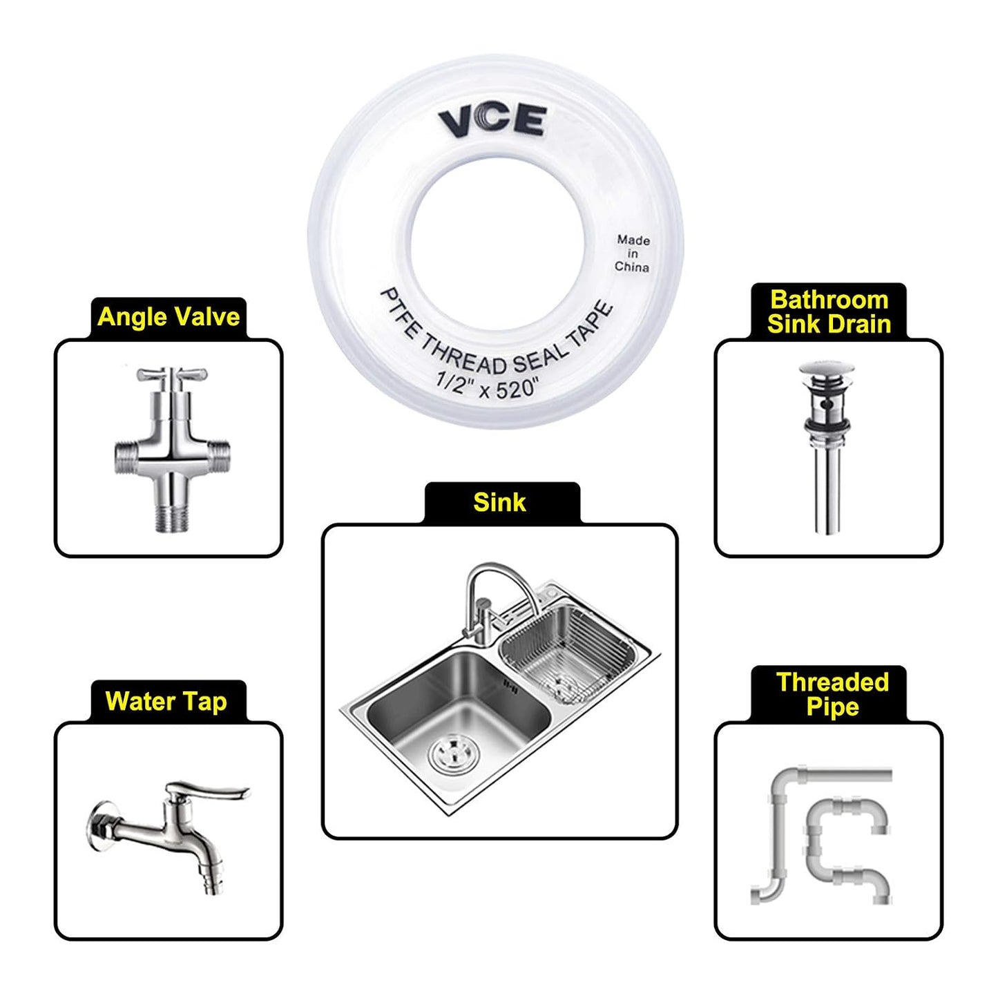 VCELINK PTFE Plumbers Tape 2-Pack, Industrial Water Sealant Thread Tape, 520" Length, 1/2" Width, 3.5 mil Thick, Plumbing Teflon Tape for Shower Head and Pipe Thread, White