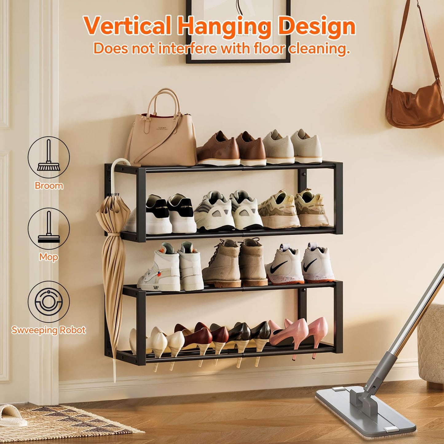 Homeiju Hanging Shoe Organizer,2 Pack Wall Mounted Shoe Rack Holds 12 Pairs,Space Saving Metal Wall Shoe Rack,Hanging Shoe Rack Shoe Holder for Small Space,Entryway,Closet,RV,Camper（Black