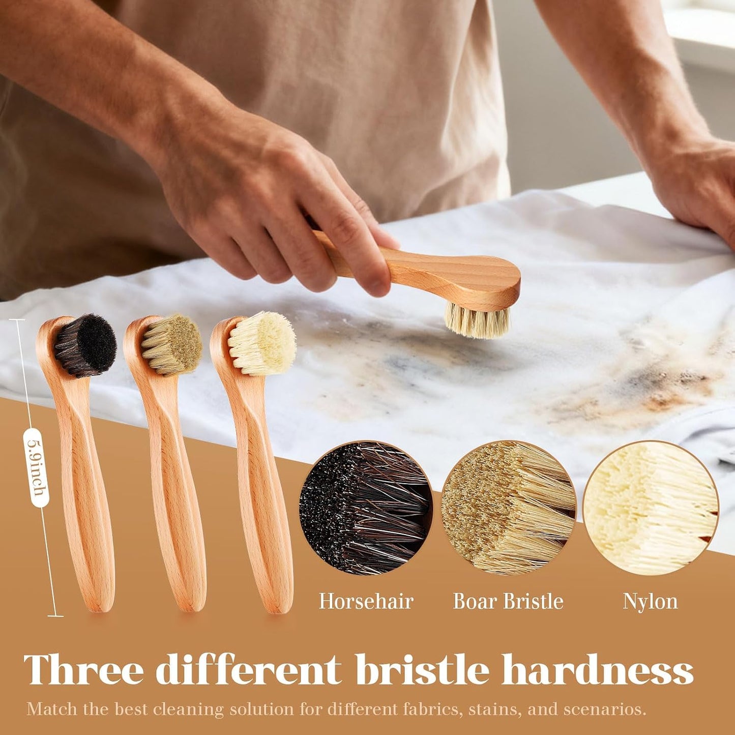 3 Pcs Wood Laundry Stain Brush Stain Remover Brushes with Boar Bristle Small Stain Brush for Clothes for Scrubbing Stains from Furniture Fabric Leather(3 Pcs C)