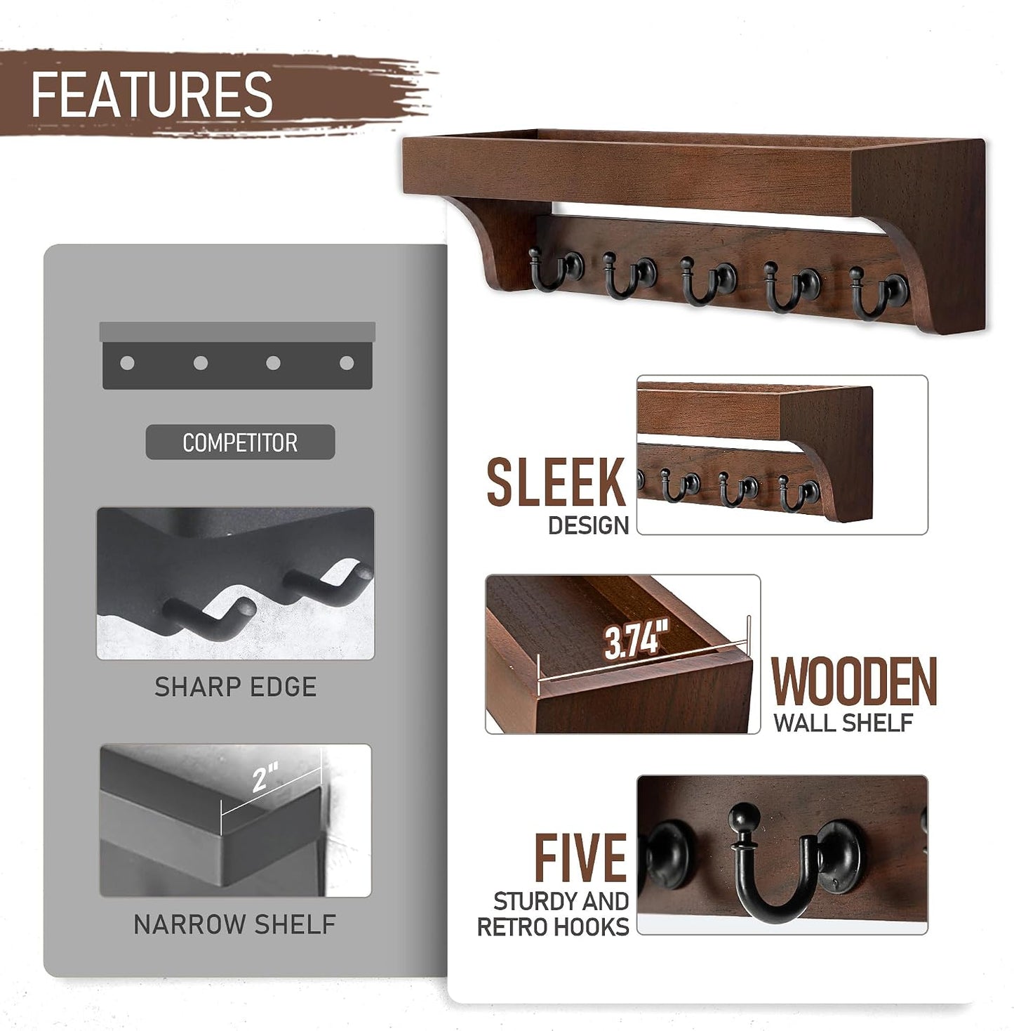 Rebee Vision Farmhouse Key Holder for Wall - Decorative Wooden Mail Organizer with 5 Rustic Key Hooks and Floating Shelf for Home Decor, Hallway, Entryway, Appartment (Retro Brown)