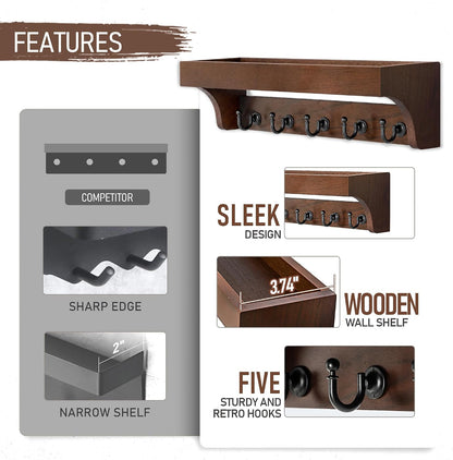 Rebee Vision Farmhouse Key Holder for Wall - Decorative Wooden Mail Organizer with 5 Rustic Key Hooks and Floating Shelf for Home Decor, Hallway, Entryway, Appartment (Retro Brown)
