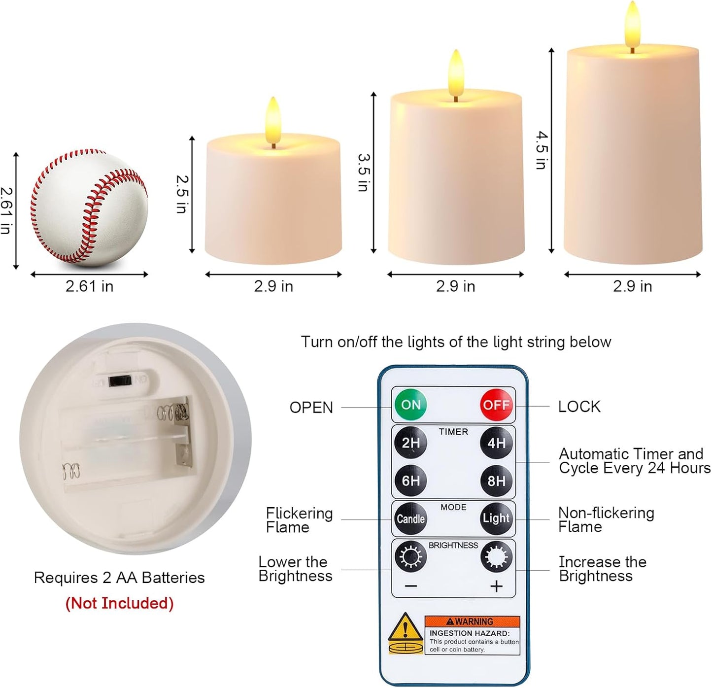 Raycare 3"x2.5" White Outdoor Waterproof Flameless Candles with Remote and Timer, Realistic LED Candles, Battery Operated Electric Fake Pillar Candles for Porch, Patio, Garden, Set of 2
