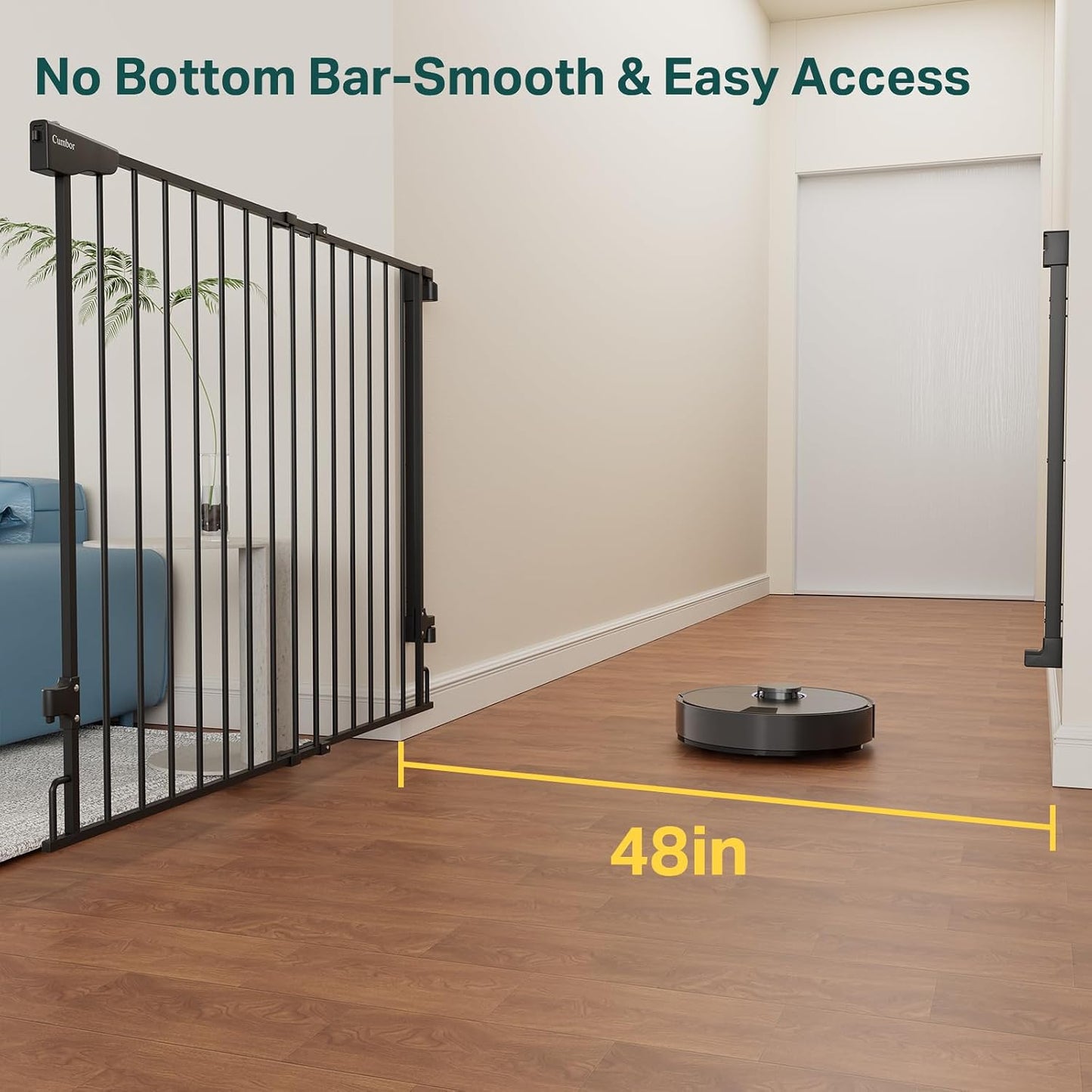 Cumbor 29.2–43" Baby Gate for Stairs, Hardware Mounted (Drill Required), Expandable No Bottom Bar Dog Gate, Auto Close Extra Wide Walk Thru, Pet & Toddler Proof Gate, Top & Bottom of Stairways (White)