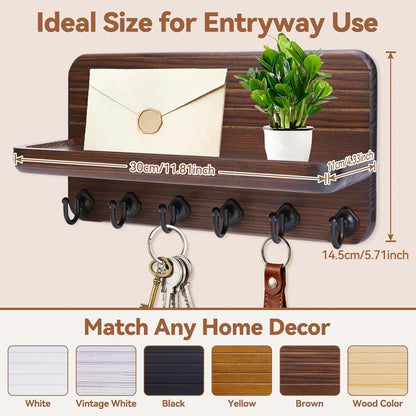 Key Holder for Wall, Mail Organizer Wall Mount with 6 Hooks Wooden Hanging Key Rack for Home Decor, Hallway, Entryway (Brown)