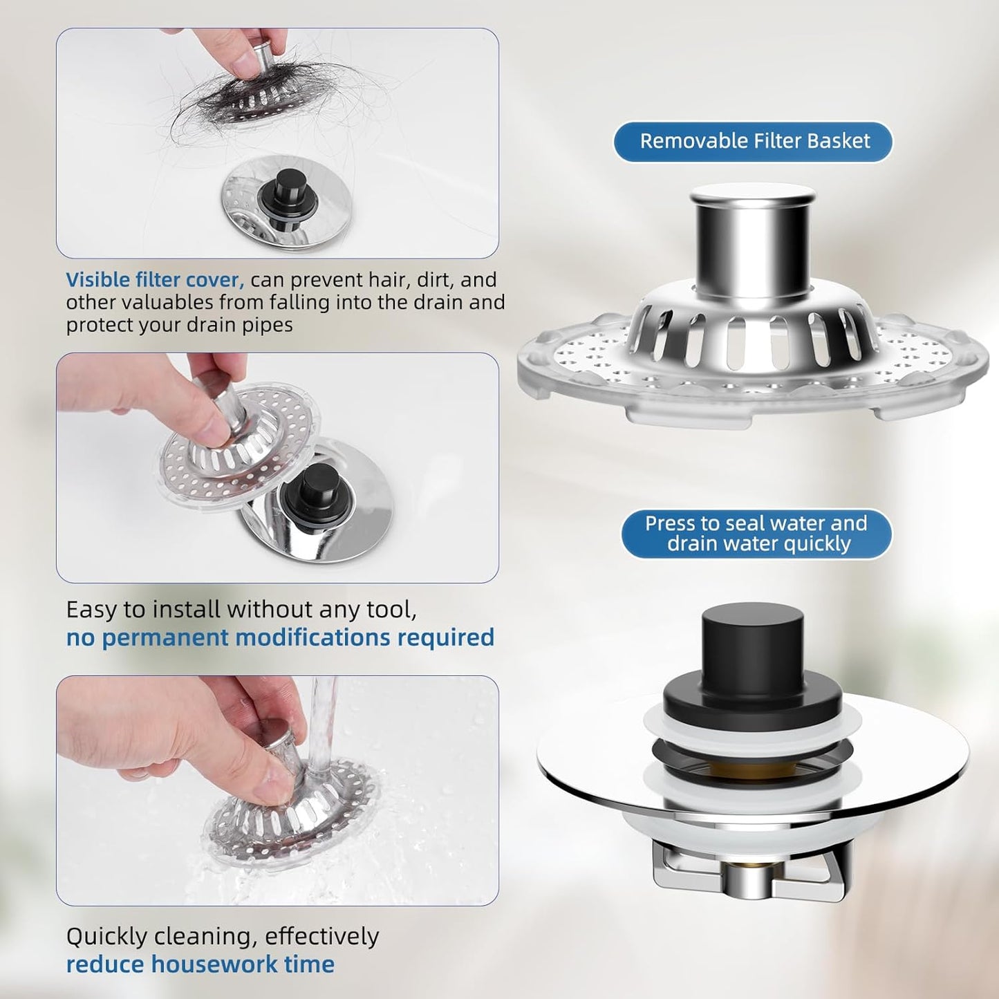 Universal Bathtub Drain Stopper Shower Drain Hair Catcher, Tub Stopper with Visible Top Strainer, Upgraded 3 in 1 Pop-up Drain Plug Fit for 1.5 to 2.4" Hole, Stainless Steel Filter Basket, Chrome