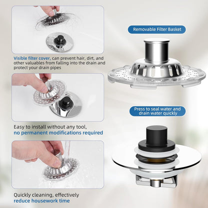 Universal Bathtub Drain Stopper Shower Drain Hair Catcher, Tub Stopper with Visible Top Strainer, Upgraded 3 in 1 Pop-up Drain Plug Fit for 1.5 to 2.4" Hole, Stainless Steel Filter Basket, Chrome