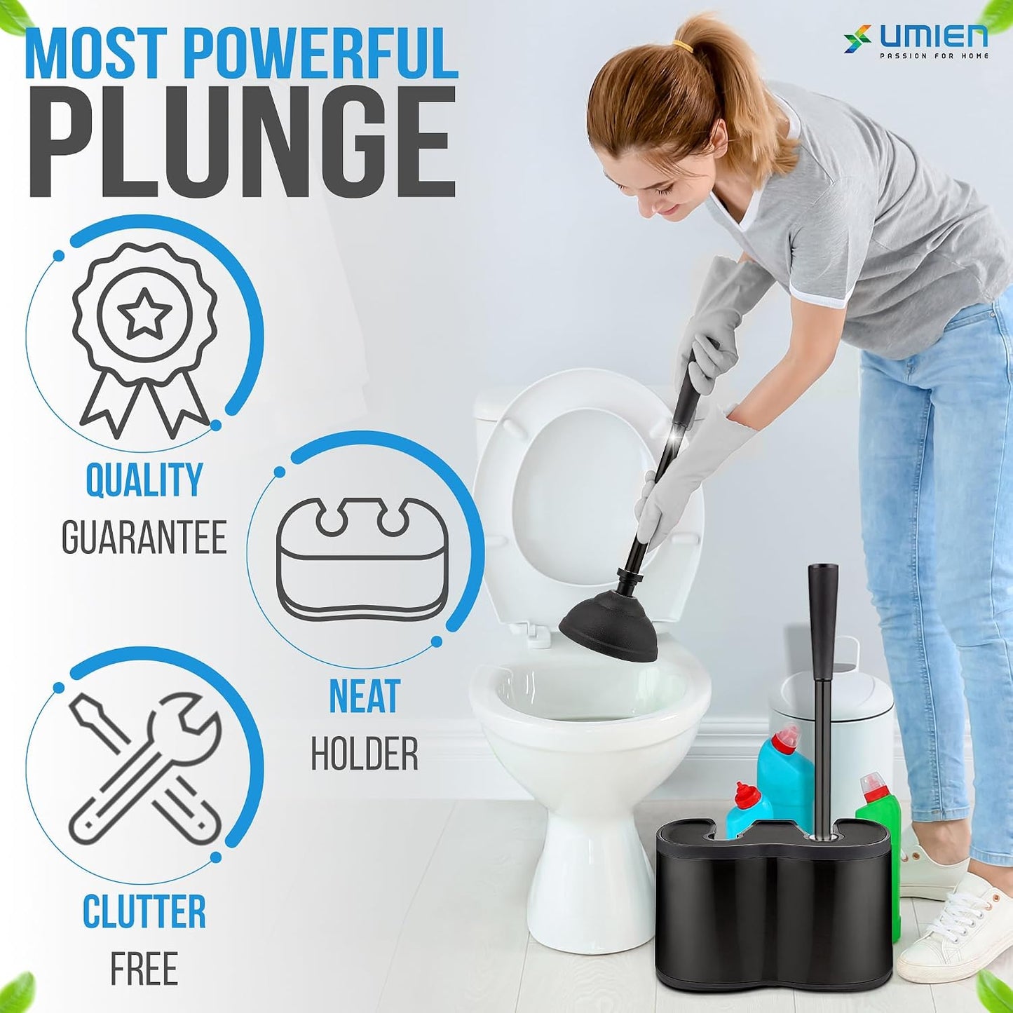 UMIEN Toilet Brush and Plunger Set 18-in - Updated 2025 No-Rust - Stainless Steel Design - Long Handles - with Freestanding Canister