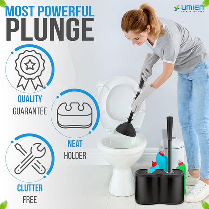 UMIEN Toilet Brush and Plunger Set 18-in - Updated 2025 No-Rust - Stainless Steel Design - Long Handles - with Freestanding Canister