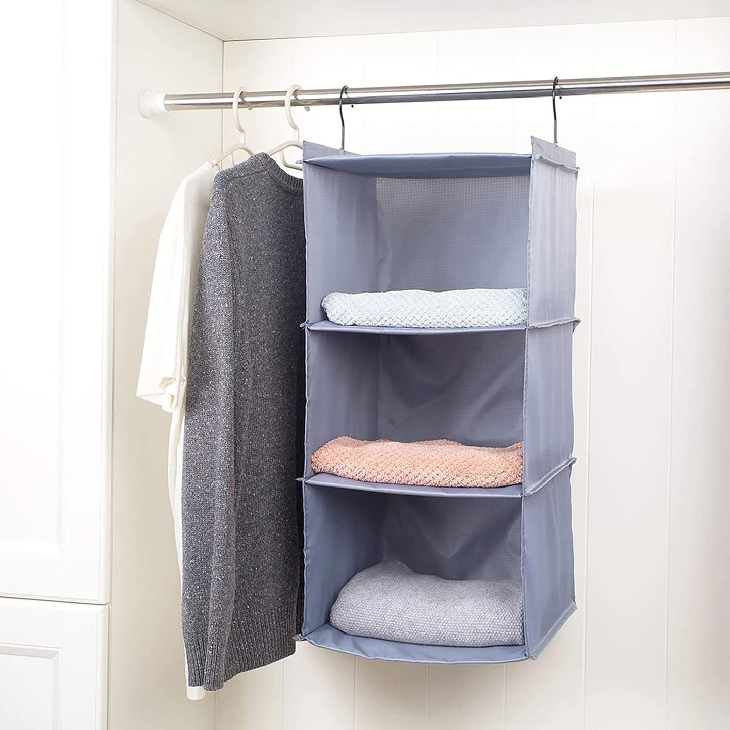 Hanging Closet Organizer 3-Shelf, Oxford Fabric Wardrobe Storage, Gray | Easy-mount foldable design holds clothes, handbags, shoes & accessories; washable Oxford fabric, sturdy and space-saving.