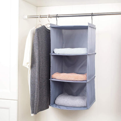 Hanging Closet Organizer 3-Shelf, Oxford Fabric Wardrobe Storage, Gray | Easy-mount foldable design holds clothes, handbags, shoes & accessories; washable Oxford fabric, sturdy and space-saving.