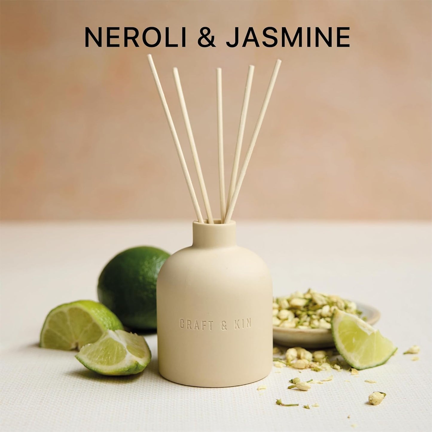 Craft & Kin Reed Diffuser for Home & Bathroom – Neroli & Jasmine Holiday Reed Diffuser Set with Fragrance Sticks, Long-Lasting Alcohol-Free Winter Scent, Earthenware Collection, 6.7oz