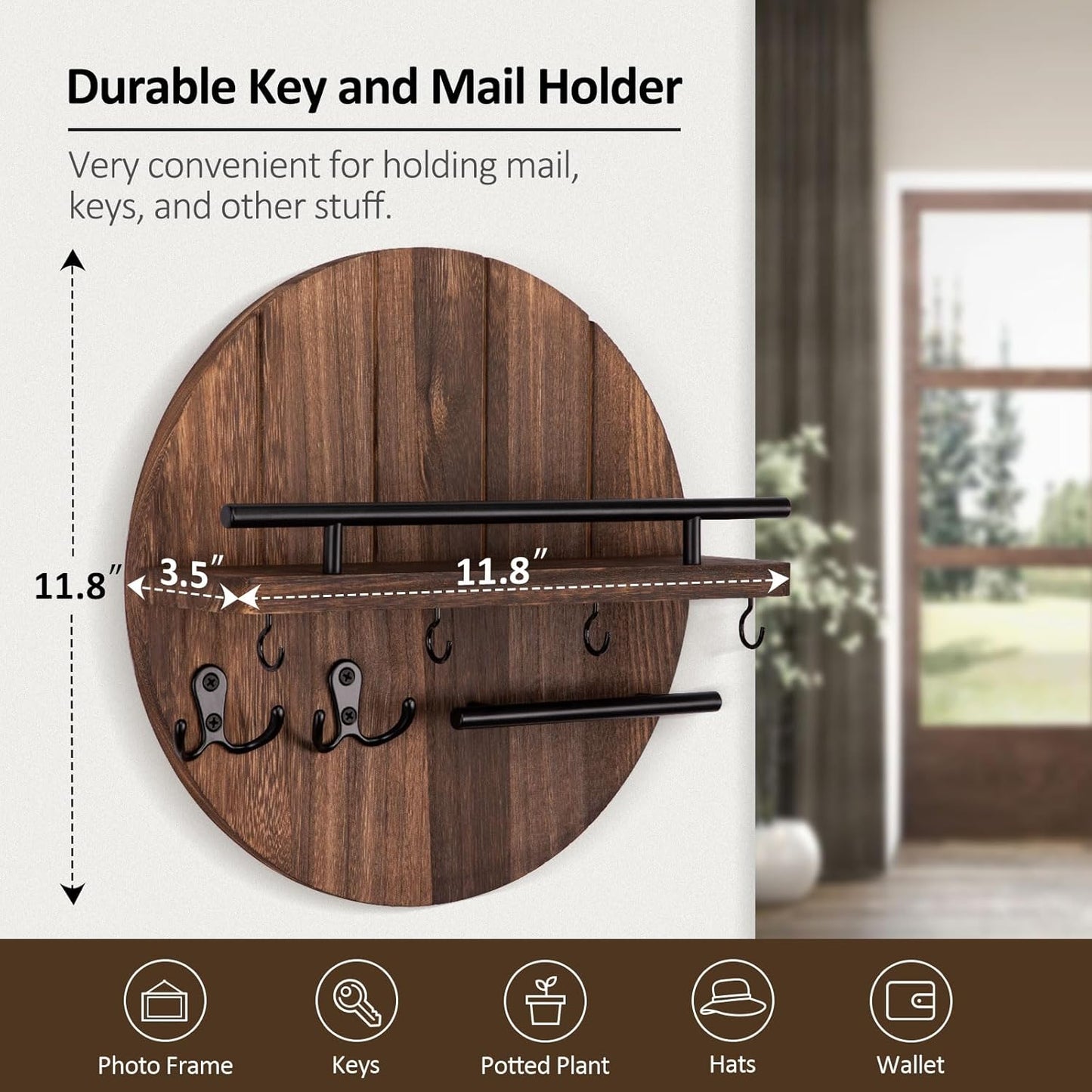 Nekon Key Holder Wall Mount, 11.8 Inch Rack With Shelf and 6 Hooks, Rustic Mail Organizer, Circular Wooden Hanger for Entryway Hallway Kitchen (Brown&Gold)