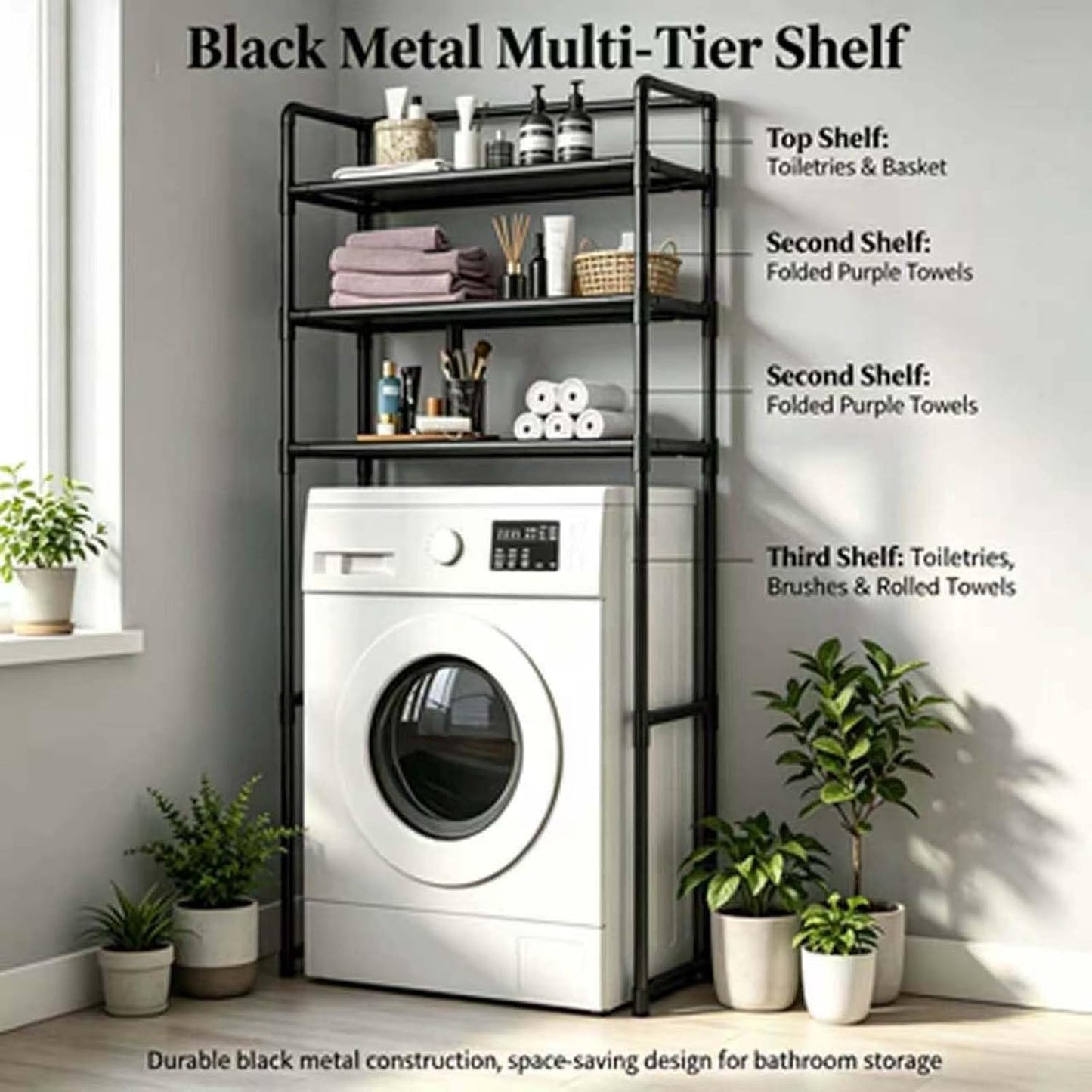 Laundry Room Organizer 3-Tier Freestanding Over Washing Machine Shelf | Black