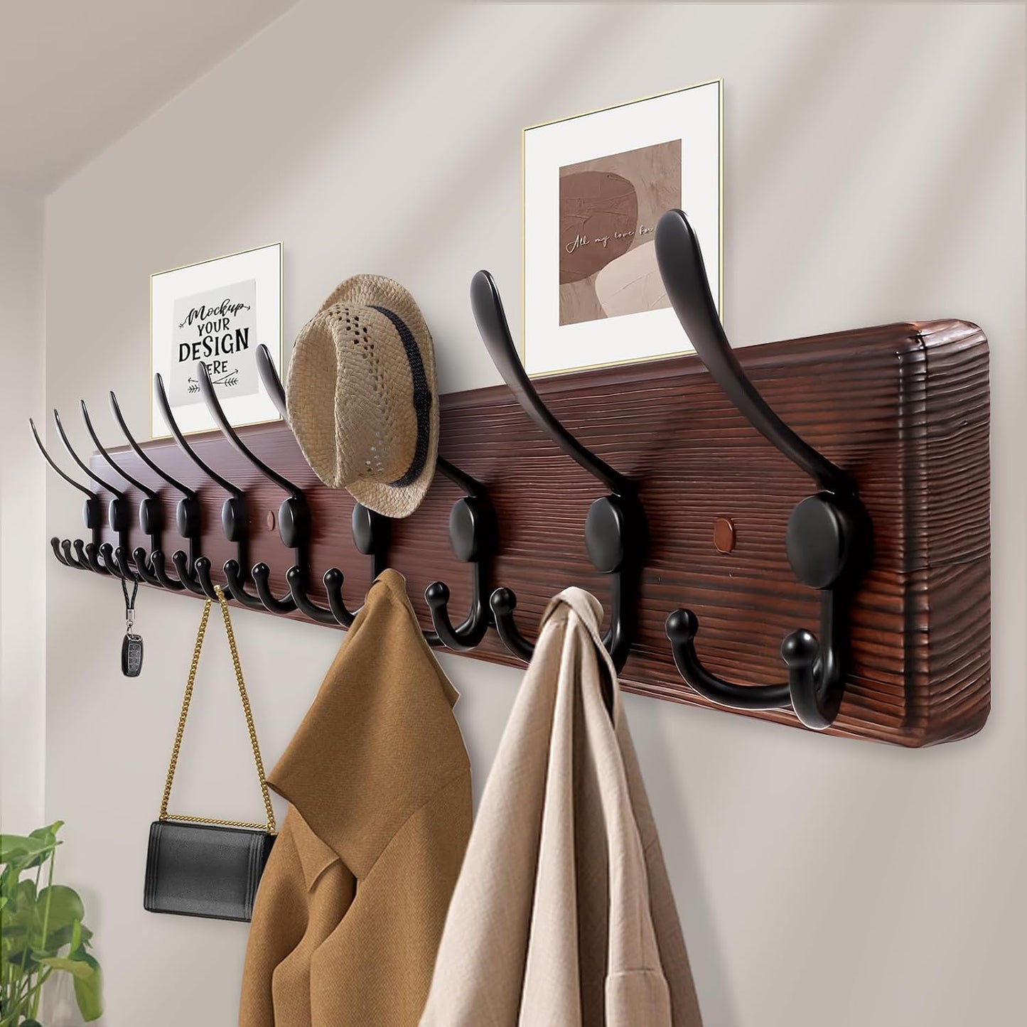 Kuhome 2pcs Coat Rack Wall Mount Wooden Hat Rack for Wall Hooks Pine Real Wood Plank 16.9" Brown Coat Hanger with 5 Triple Hooks for Hanging Coat Hat Jacket